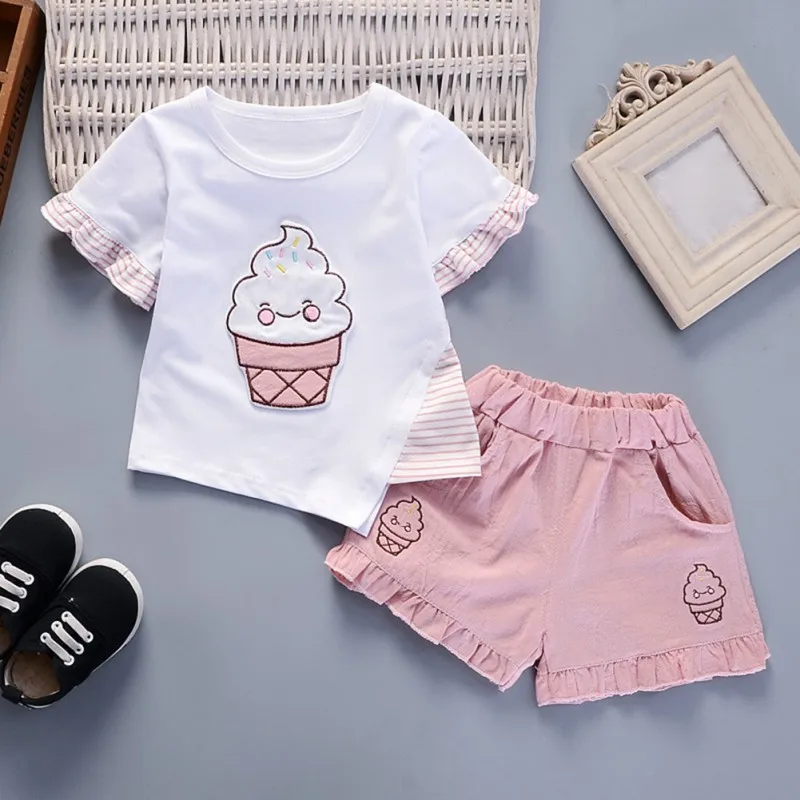 1-5t Mädchen Kleidung Sommer Kurzarm Cartoon Eis Kirsche Druck T-Shirt Hose 2 Stück Baby Set Kinder
