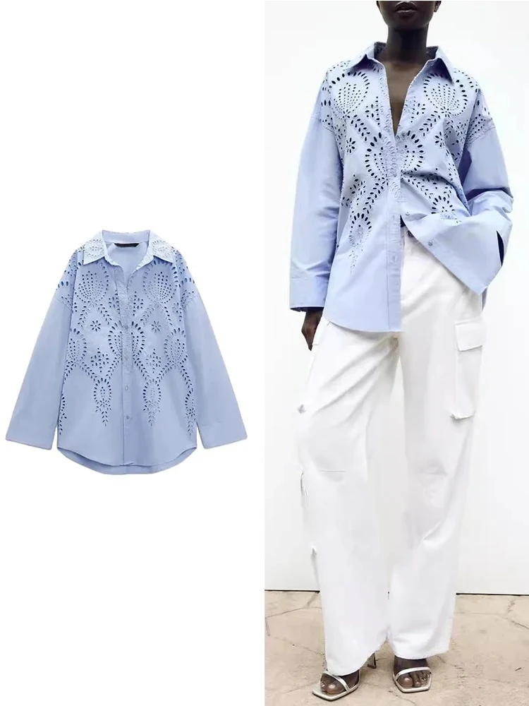 TRAFZA Women's Fashion Lapel Casual Top Sexy Hollow Embroidery Loose Shirt Long Sleeve