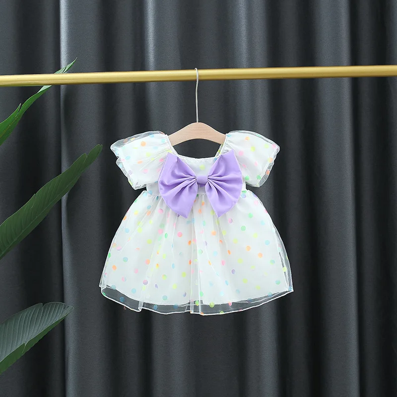 Sommer Kinder kleid bunte Tupfen bogen Mesh Prinzessin Kleid Baby Mädchen flauschiges Kleid Urlaub