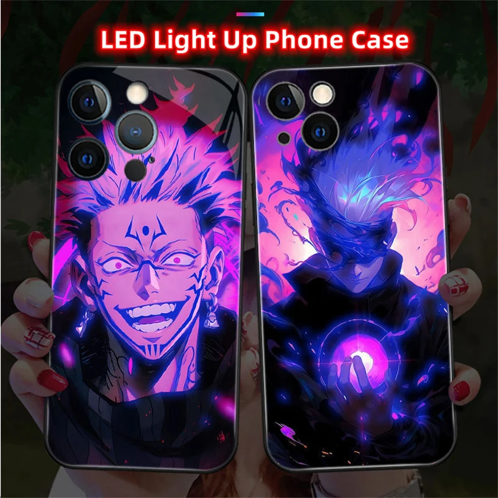 2024 Top cool Anime Design LED leuchten Glas Telefon hülle Rückseite für iPhone 16 15 14 13 12 11
