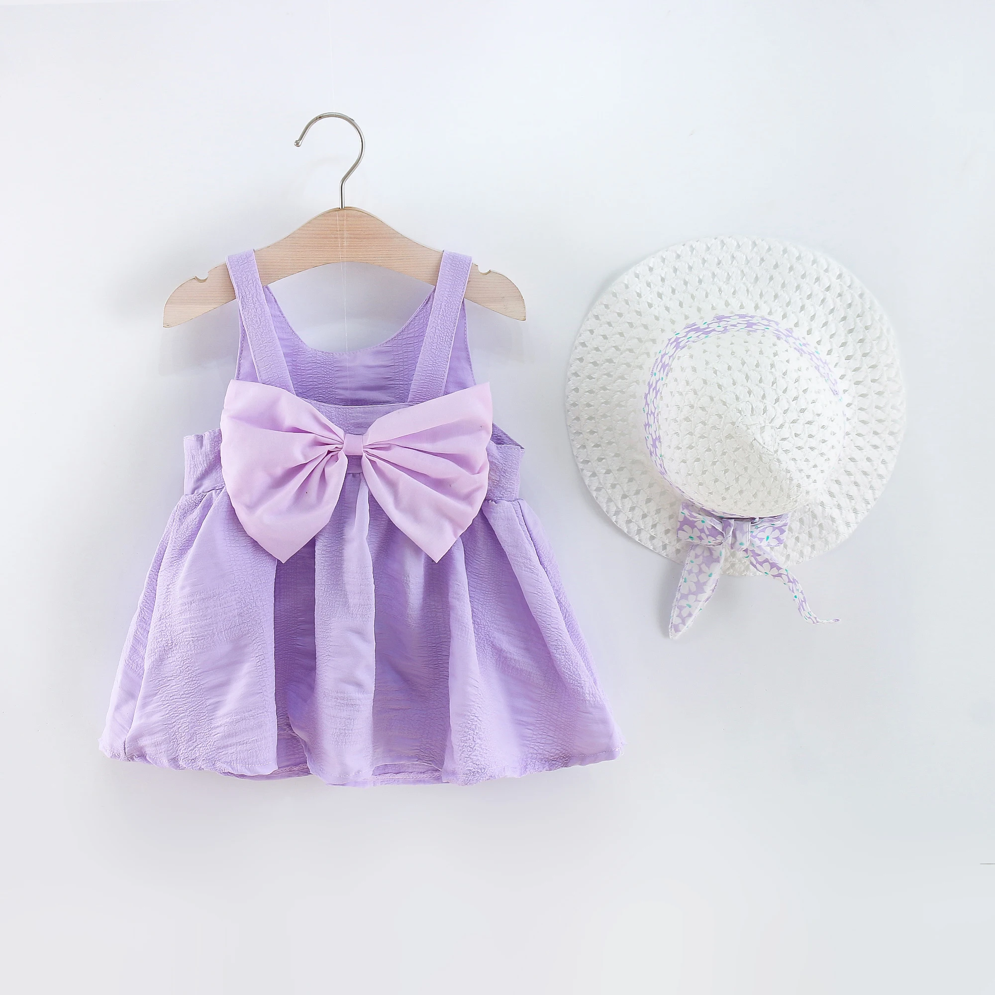Sommer neues Mädchen Baby kleid zweiteiliges Set mit Hut Bogen einfarbig hängenden Riemen offener