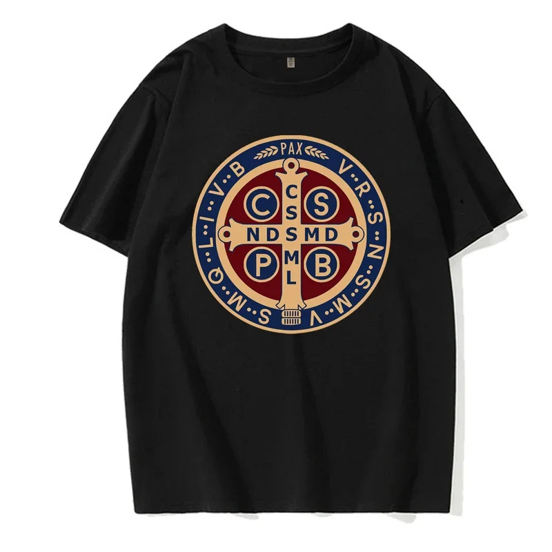 Die Saint Benedict Medaille katholische Pullover T-Shirts Camisas Männer Slim Fit Herren T-Shirt