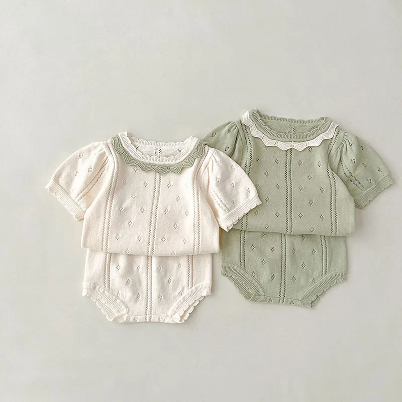Sommer heißer Verkauf Baby kleidung Set Kleinkind aushöhlen Strick T-Shirt und Shorts 2 Stück Baby
