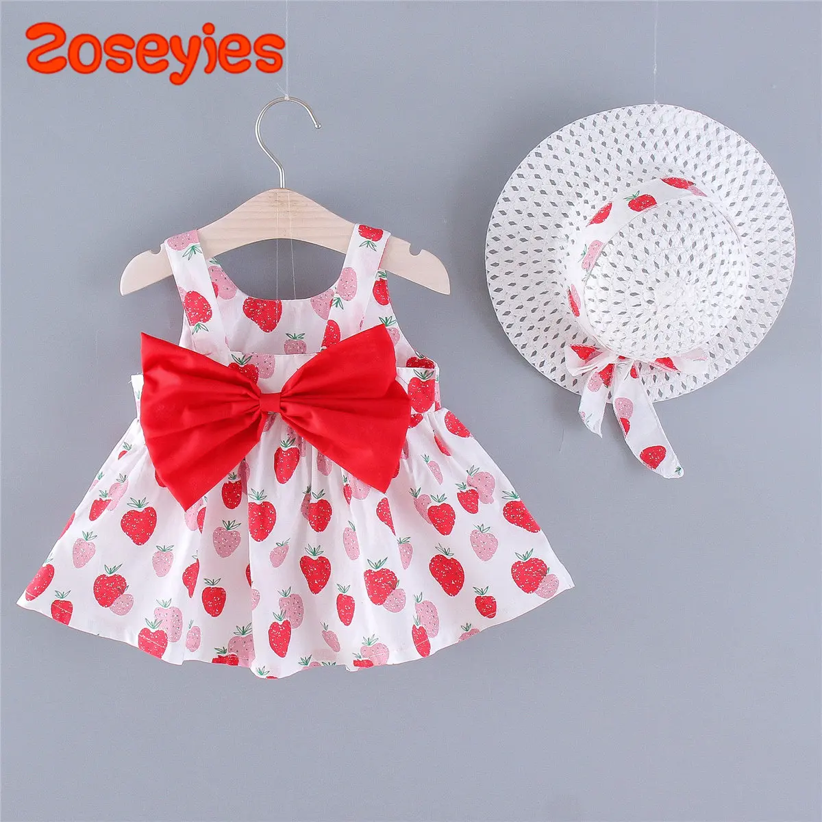 2023 Sommer Mädchen Kleid neue Mode Big Bowknot Baby Sling Kleid tropische Frucht drucken