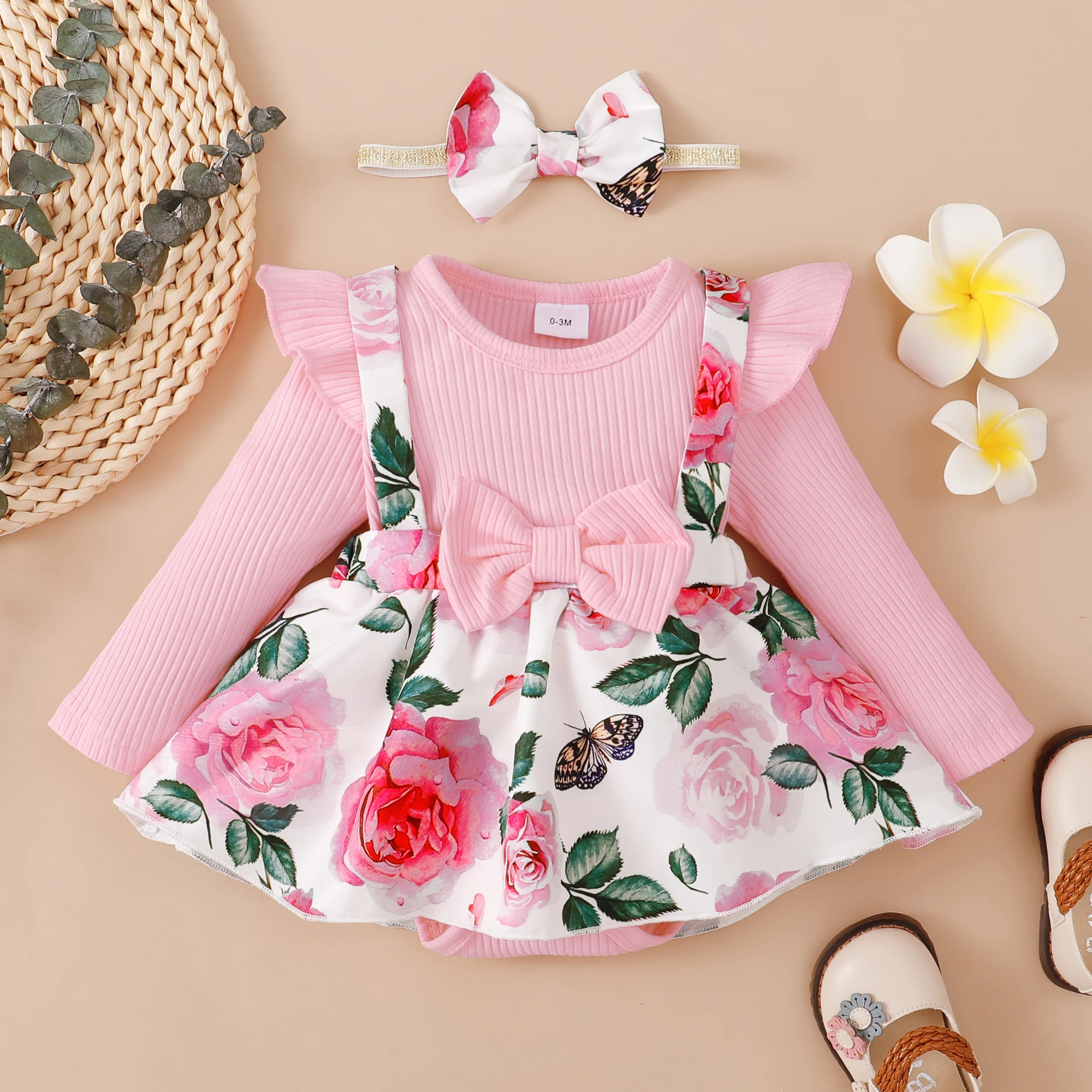2 Stück Baby Mädchen Kleidung niedlichen Blumen druck Langarm Baby Stram pler & Bogen Stirnband