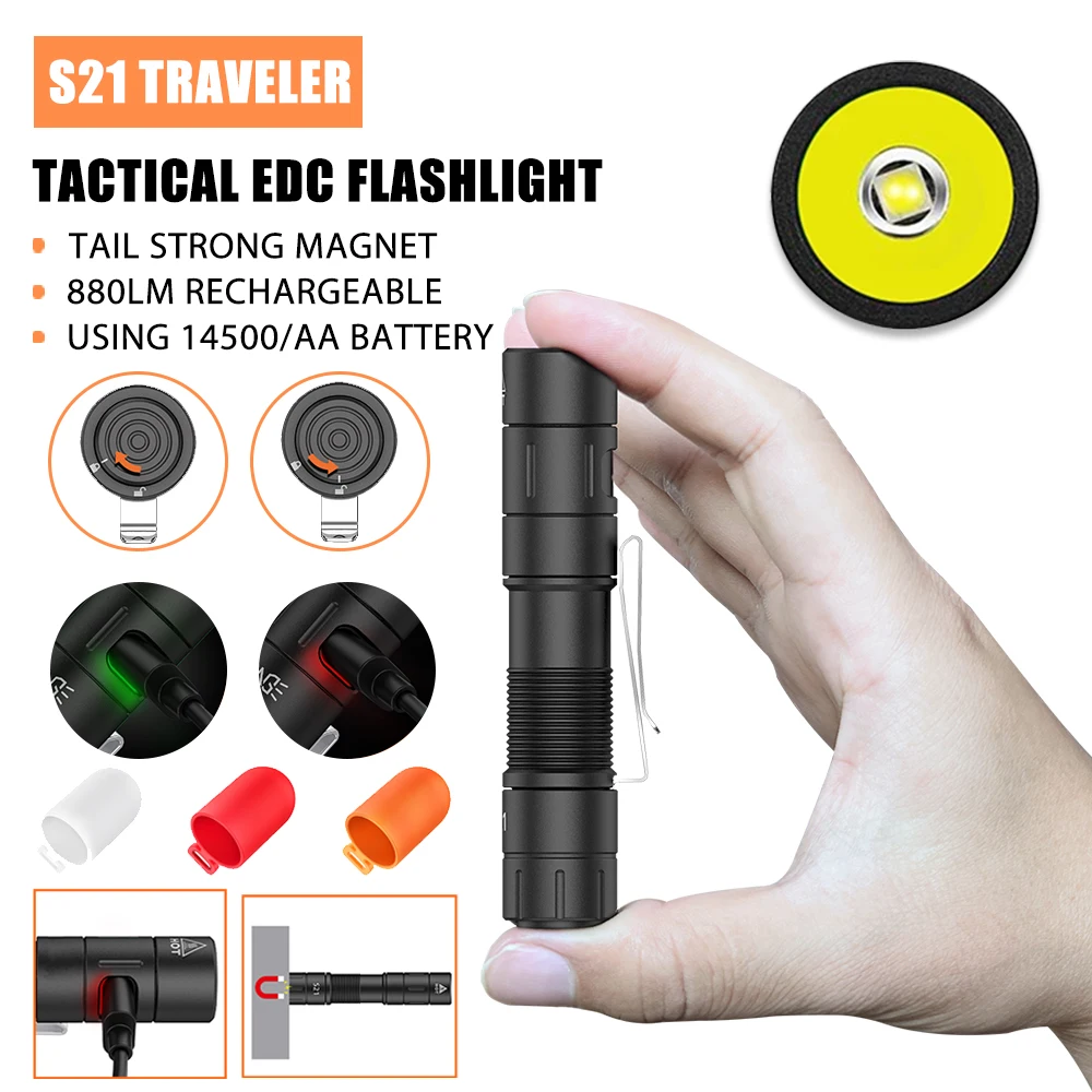 S21 traveler 14500 edc taktische taschenlampe usb c wiederauf ladbare lampe mit stift clip tasche