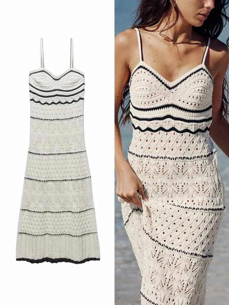 TRAFZA Women's Beach Style Crochet Hollow Slim Sling Sweater Long Dress Fashion Elegant Sleeveless