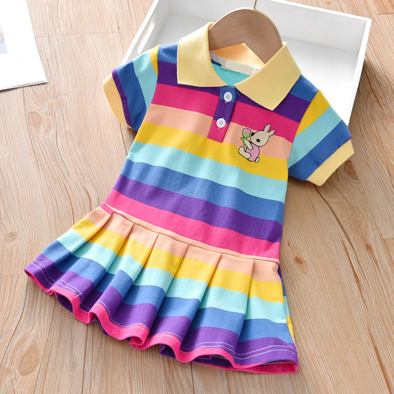 Sommer Baby Mädchen Kleid Regenbogen Streifen Cartoon Hase Dekoration Kinder Prinzessin Kleider