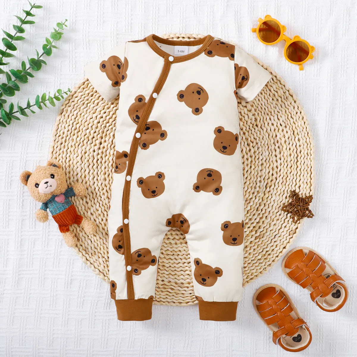 Sommer Neugeborene Baby Jungen Stram pler Bär Druck Kurzarm Knopf vorne Stram pler Kinder Einteiler