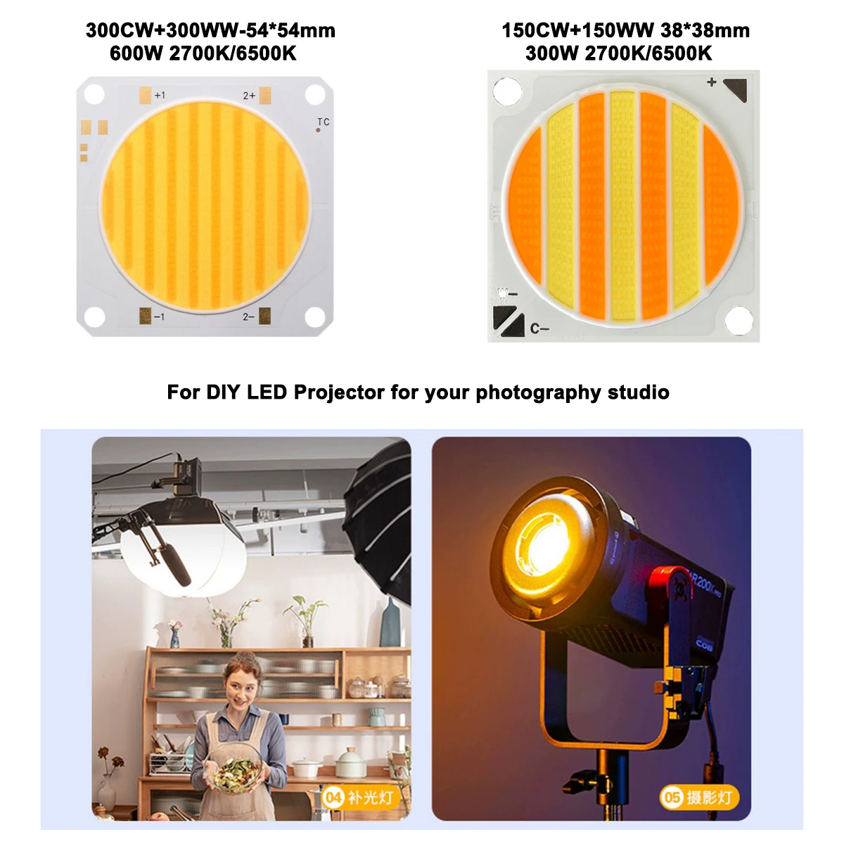 DIY LED U-Home High CRI 95+ COB LED 54mm 600W (300CW+300WW)/38mm 300W (150CW+150WW) für DIY