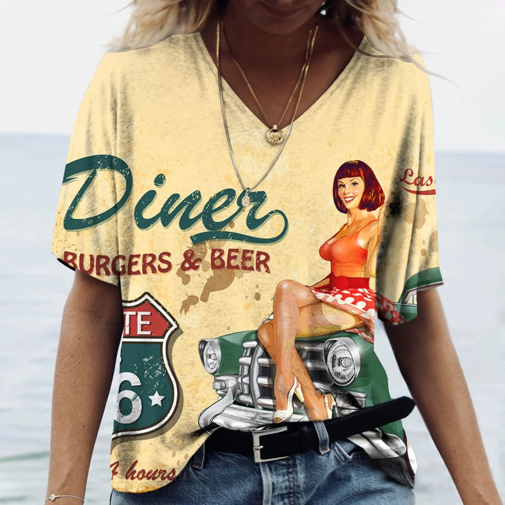 Damenmode Tops, 66 amerikanische Flagge Straßen auto 3d gedruckt T-Shirt Sommer Street Fashion