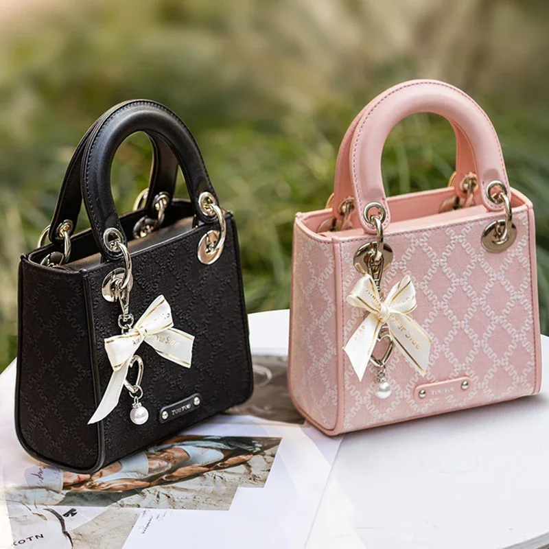 TOUTOU Argyle Jacquard Handtasche Mode Schleife Dekor Satchel Geldbörse Damen Kleine Einkaufstasche
