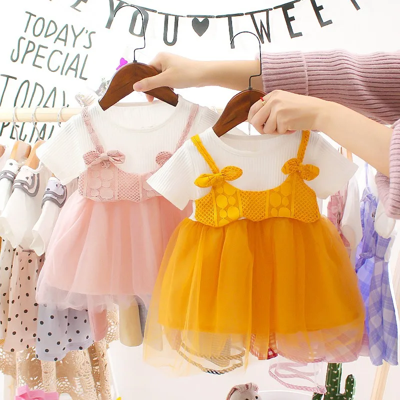 Sommer Baumwolle Mädchen Freizeit kleider Baby Mädchen gefälschte zweiteilige Mesh Kleid Geburtstags