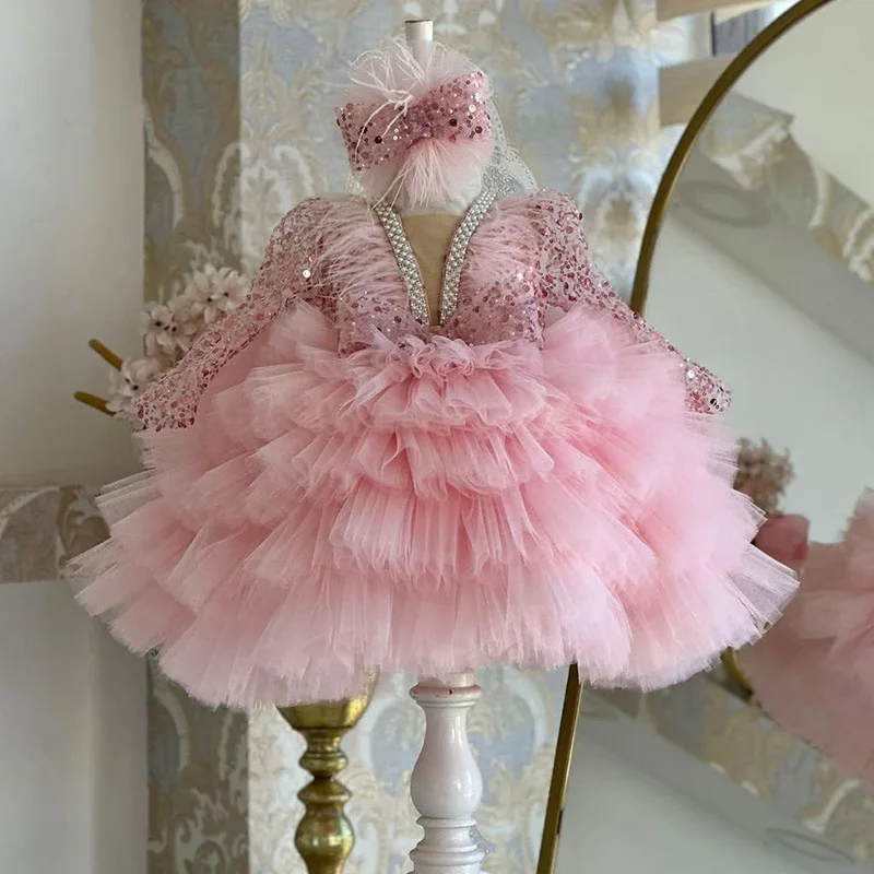 Gorgeous and elegant V-neck sequin long sleeved girl's dress for children's piano performance runway