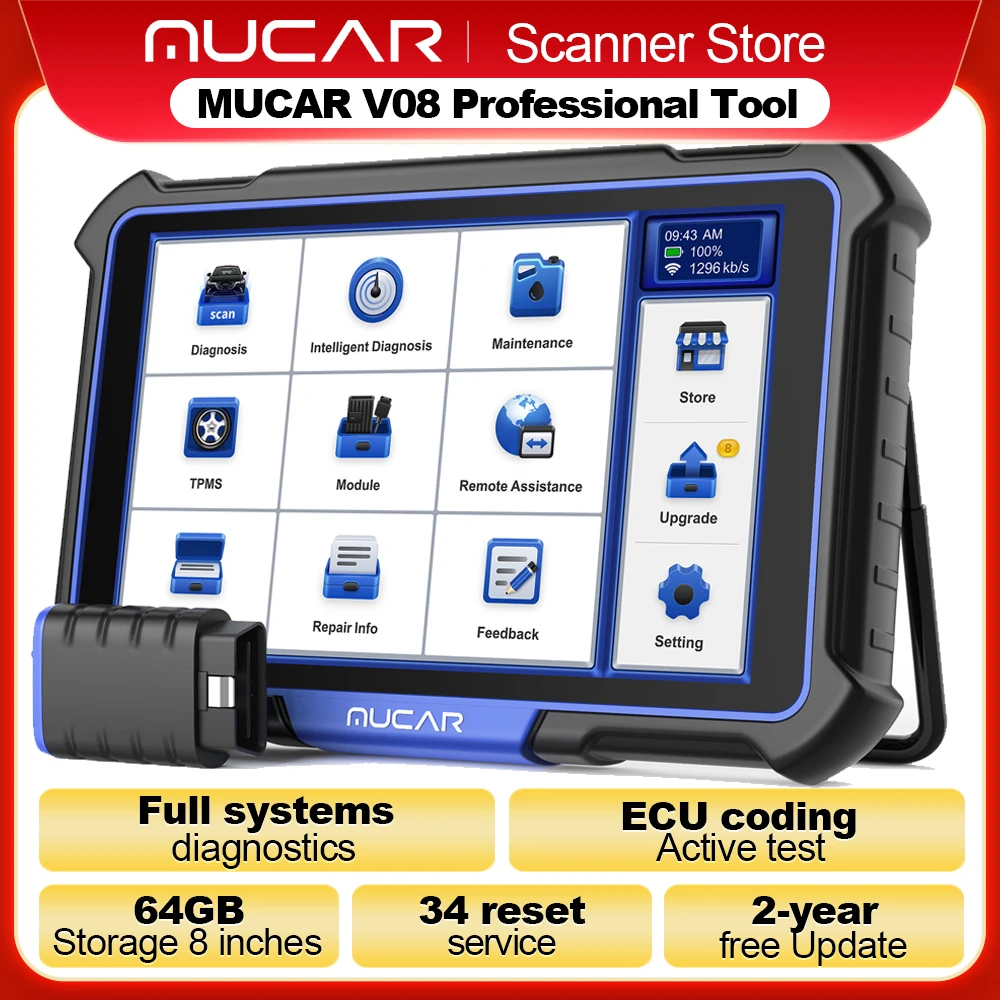 MUCAR VO8 OBD2-Diagnosetool, aktiver Test, ECU-Codierung, alle Systemdiagnosen, 34 Reset, 64 GB, obd