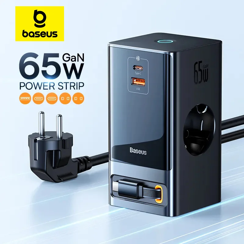 Baseus-Power Strip com Carregamento Rápido  65W  Plug US  3AC  USB C  Power Strip  Tomada GaN