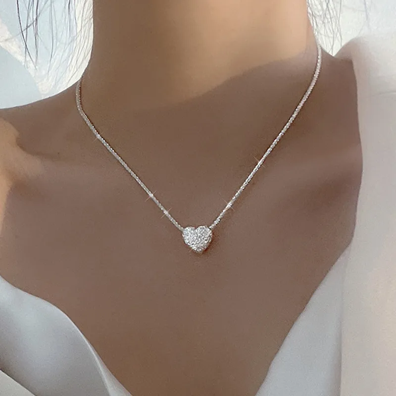 New 925 Sterling Silver Girls Hammer pattern Love Necklace Simple Heart shaped Pendant Women's Gift