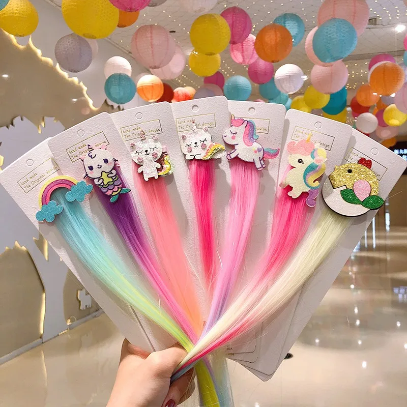 Kinder Mädchen Perücke Haarnadel bunte Cartoon Tier Regenbogen Kinder Haars pangen gefälschte