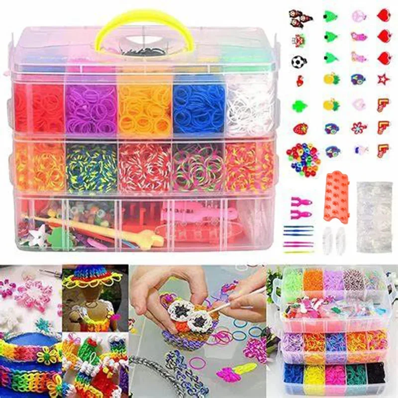 Regenbogen Farbe Gummiband Set Handwerk Spielzeug elastisches Armband Set Webmaschine Band gestrickte Figuren Charms Spielzeug