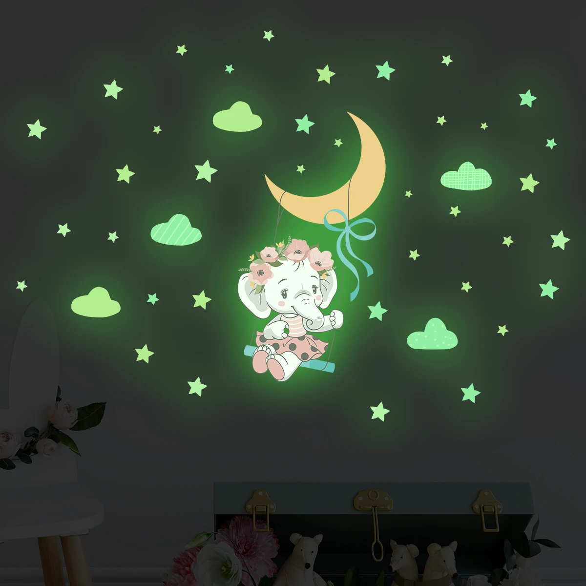 Cartoon Niedliche Tiere Mond Stern Elefant Glow Wandaufkleber Dekoration für Schlafzimmer Wandkunst Home Decor Wohnzimmer Kinder
