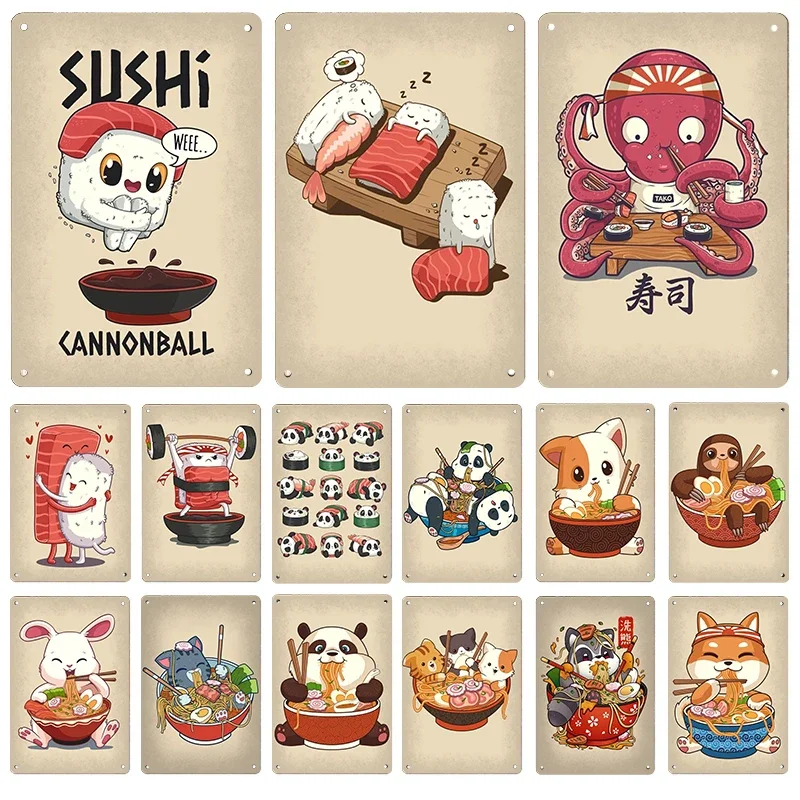 Japanische Samurai Katze Ramen Zinn Malerei, Metall Beschilderung, Retro Poster, Zuhause, Wohnen,