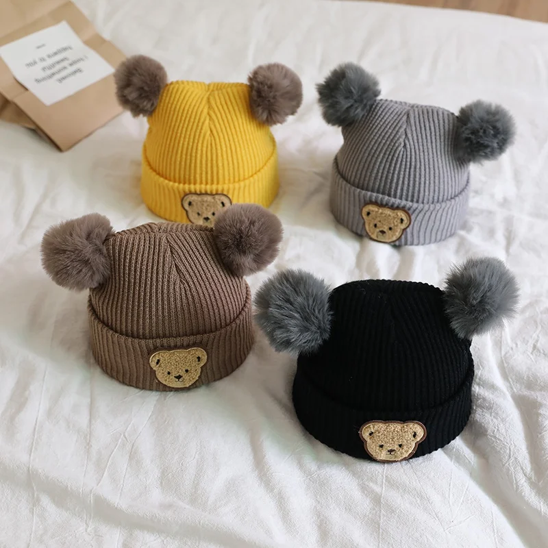 Winter warm gestrickte Kinder hüte koreanische Version solide Ski mütze für Mädchen Junge Cartoon Bär Baby mützen mit Plüsch bäl