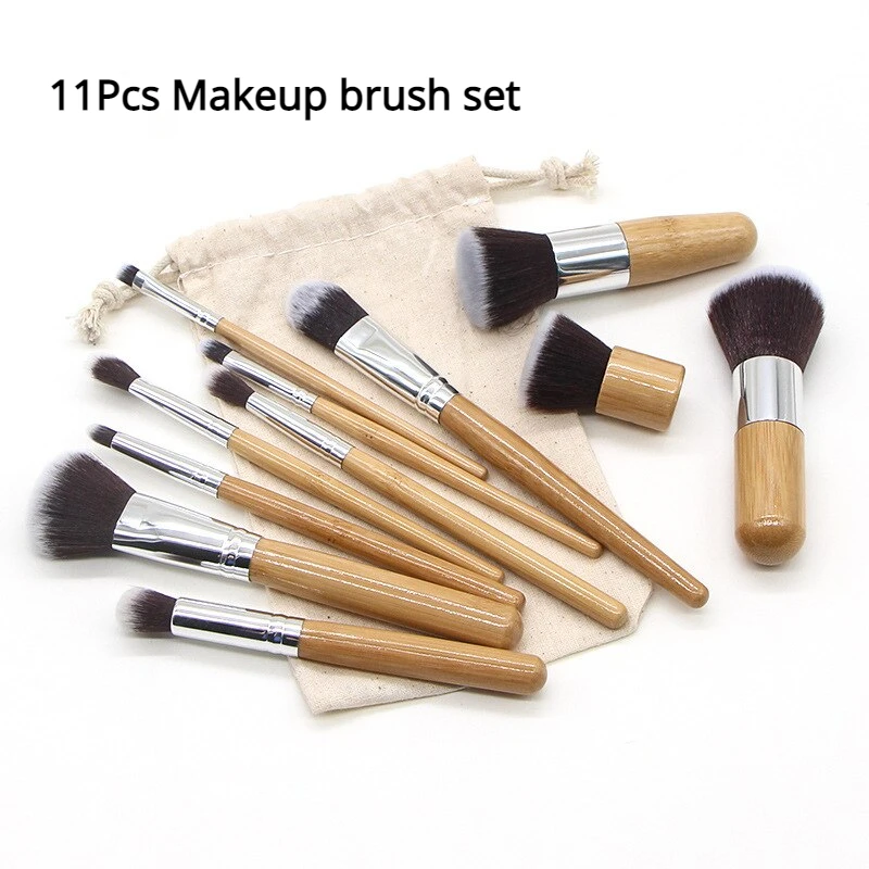 11 Stück Bambus griff Make-up Pinsel mit Leinen tasche, Bambus griff Make-up Pinsel Set, Beauty