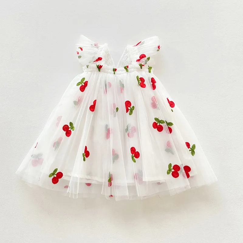 Süßes Baby Mädchen Kleid Kirsche Stickerei Sommer Prinzessin Kleid Kleinkind Kinder Geburtstag Party Vestidos Fliegende Ärmel Tä