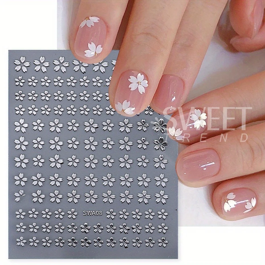 2/3 Stück holografische Sakura-Blumen-Nagelaufkleber, Kirschblütenblatt-Design, Silber, Gold, Blumenmuster, Sommer-Klebeaufklebe