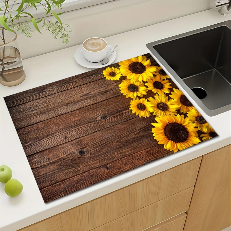 Holzmaserung, Sonnenblumen-Abtropfpad, saugfähige Arbeitsplattenmatte für Küche und Badezimmer, weiche, langlebige Abtropfmatte 