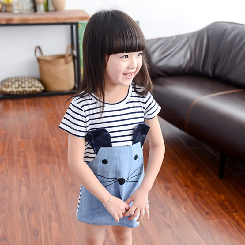 Sommer Kinder Mädchen Kleid Cartoon Tier Muster gestreifte Kurzarm Kinder Kleider süße Kinder
