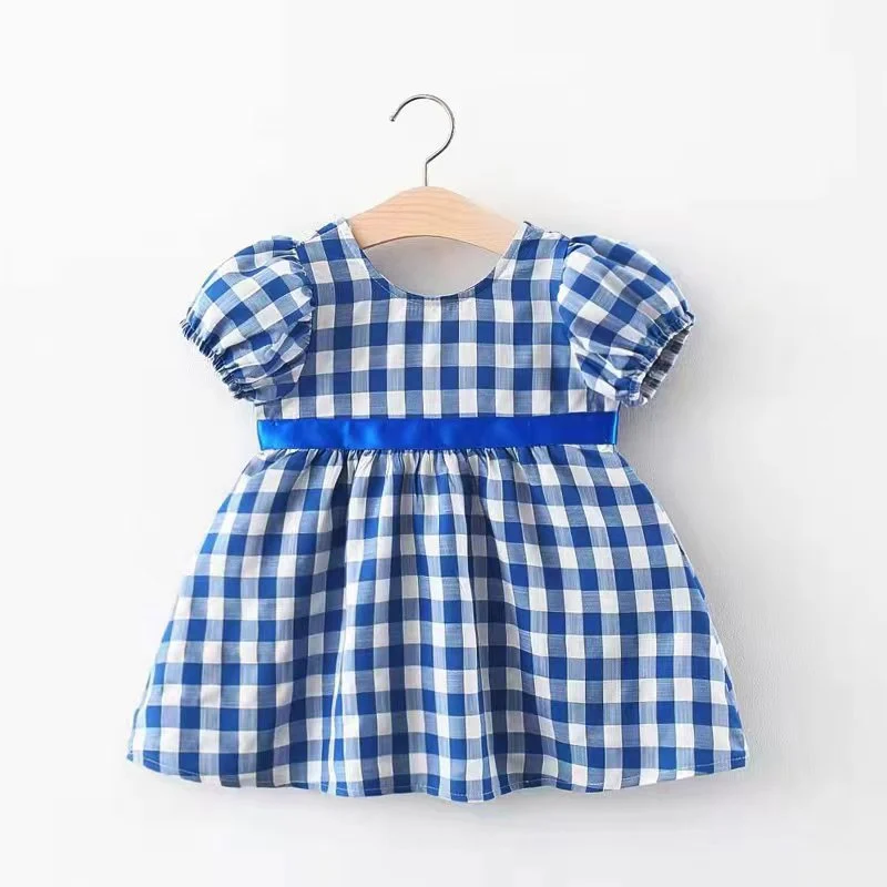 Kinder Baby Mädchen Kleider Plaid Muster Kleidung Sommer kurze Ärmel 2-9 Jahre Kinder Rundhals Seil