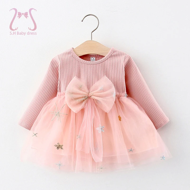 Herbst Kleinkind Kinder Kleidung Bogen Langarm Mesh Geburtstags feier Prinzessin Abendkleider für