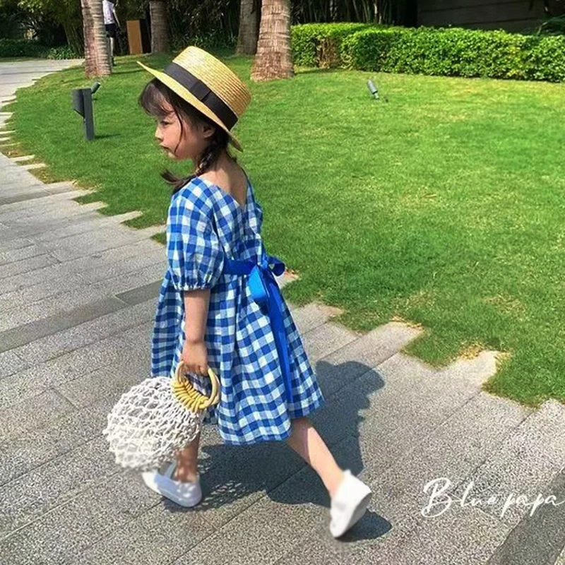 Kinder Baby Mädchen Kleider Plaid Muster Sommer Kurzarm Kleidung 2-9 Jahre Kinder Rundhals Seil