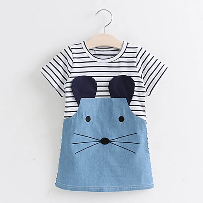 Sommer Kinder Kleid Cartoon Tier Muster gestreifte Kurzarm Mädchen Kleider Kleinkinder Freizeit