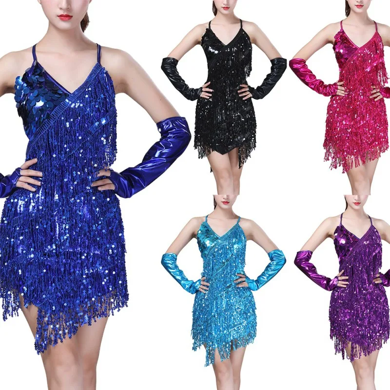 Damen Spitze Latin Dance Wear sexy Pailletten Sling Neck holder Latin Dance Kleid Quaste Kostüm Tanz kleid