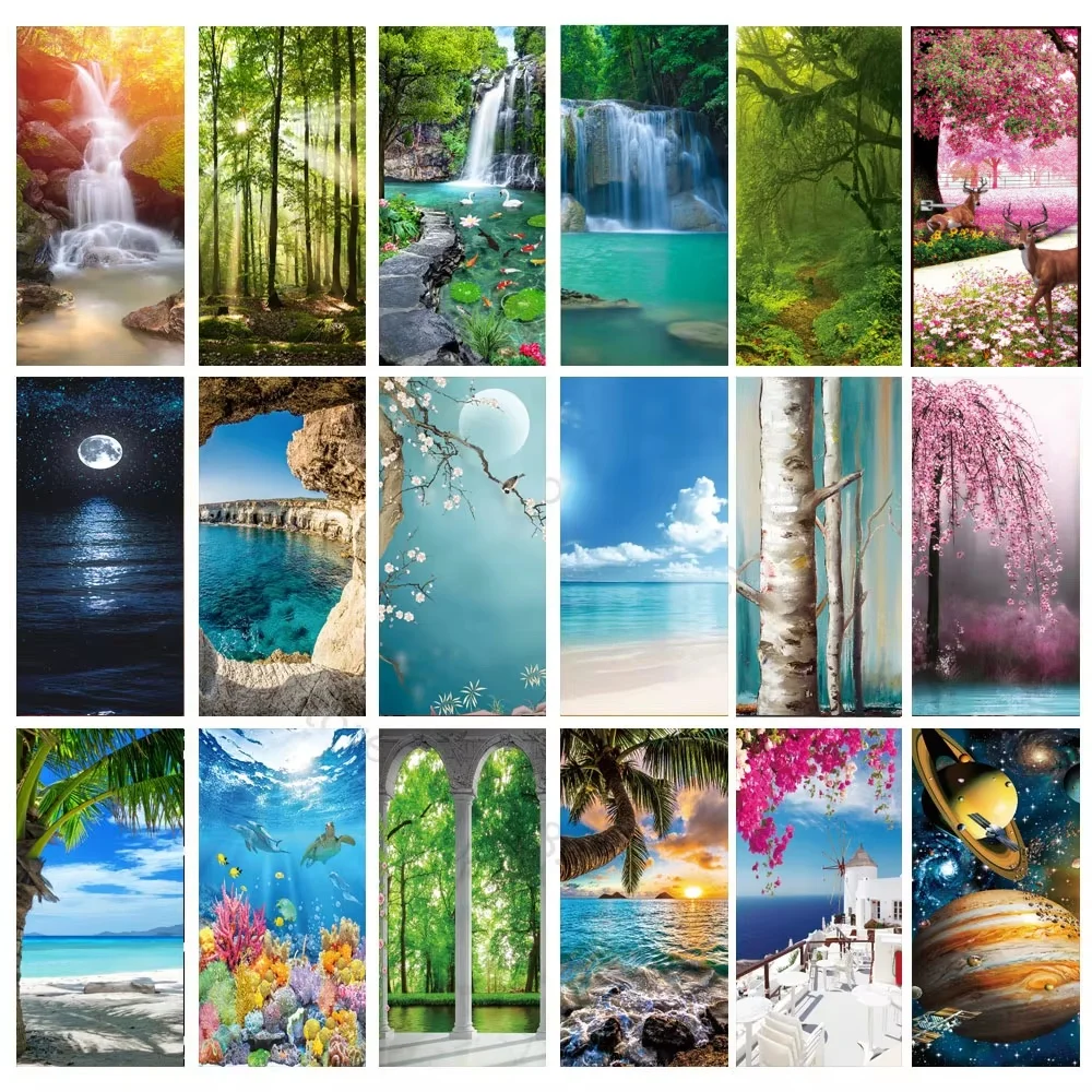 Mond Tür Aufkleber PVC 3D DIY Selbstklebende Wasserfall Sonnenschein Wald Tapete Wohnzimmer Kunst Poster Wandbild See Aufkleber 