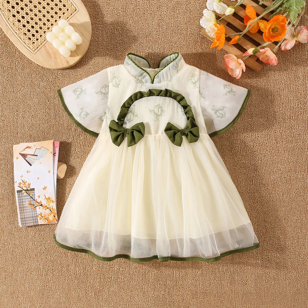 (0-3 Jahre alt) Sommer Baby Mädchen Baumwolle spielen Mesh Bogen chinesischen Stil Kleid Mädchen