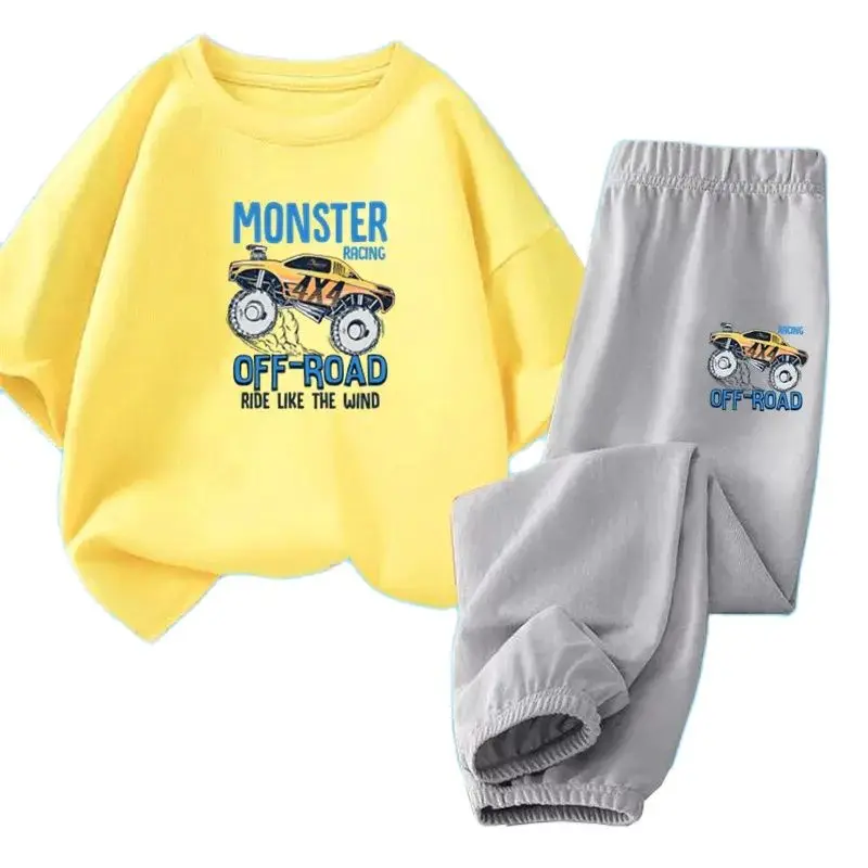 Jungen Sommerkleid ung Set Offroad Auto Print Kurzarm Top lange Hosen 2 Stück Outfit für Kinder