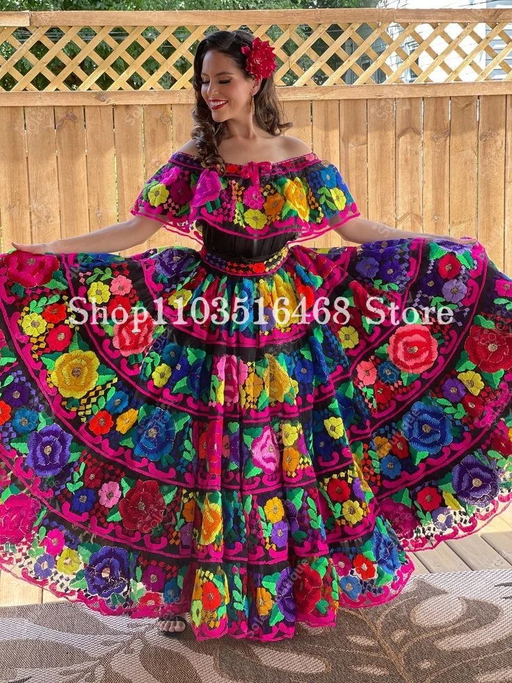 Rot schwarz mexiko charro prom party kleid elegant ein schulter blumen stickerei mit a-linie langes