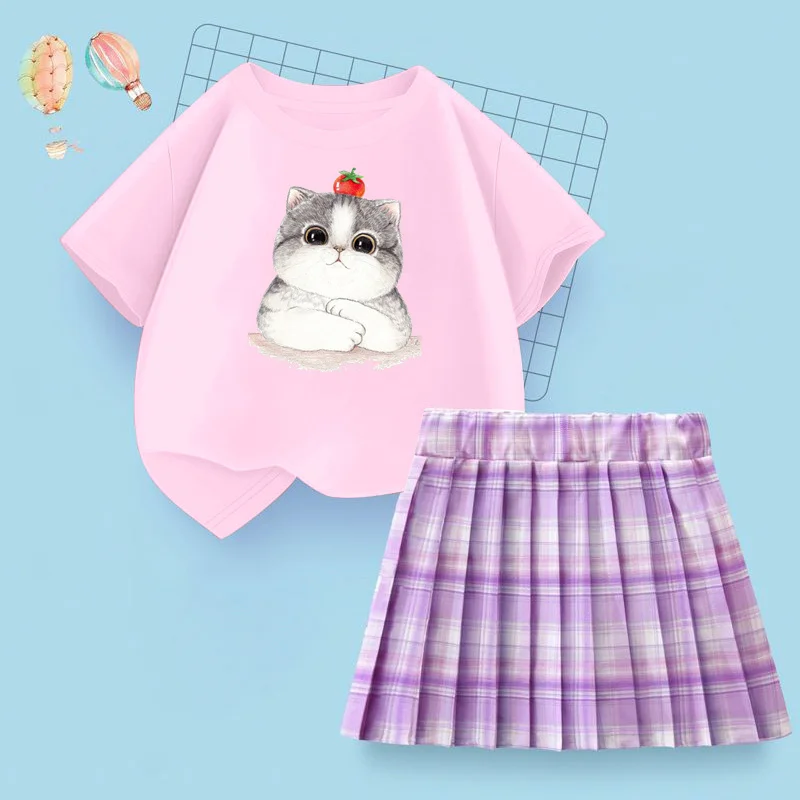 Kinder karierten Rock Mädchen Sommer 2-teilige Katze Cartoon T-Shirts jk Falten rock Student Party