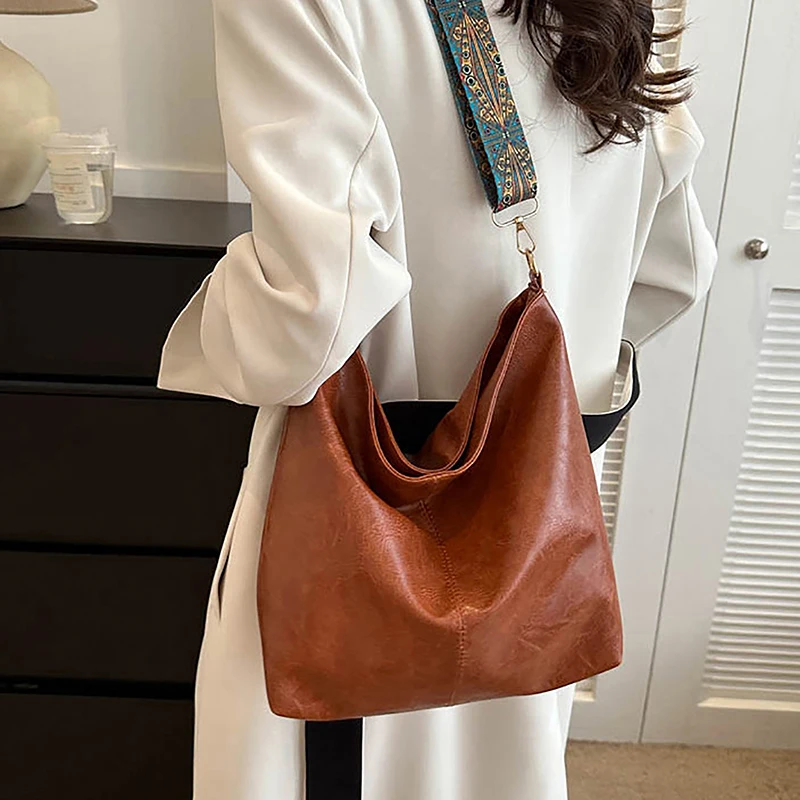 Vintage einfarbige Damenmode Schulter Schulter tasche hohe Kapazität einfache breite Riemen Eimer