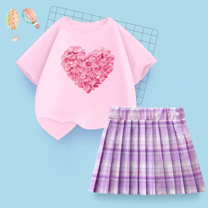 Mädchen Sommer kurzen Rock T-Shirt Liebe Blütenblatt Kleidung Kinder Cartoon Anzug Student JK Plaid