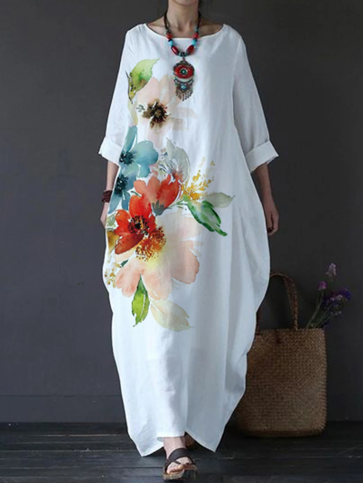 Frauen lange Maxi kleider plus Größe weißen Blumen druck große lose Baumwolle Leinen Kleid Sommer