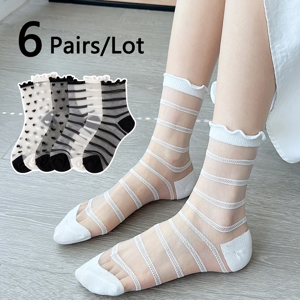 6 Paar französische Spitze Socken Frauen sexy gekräuselte Liebe Herz Muster transparent transparent