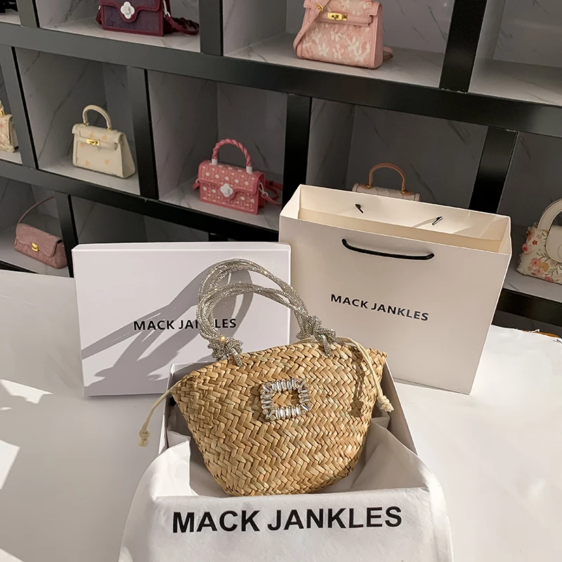 Glitter Shiny Rhinestones Diamonds Handle Handbag Straw Woven Handmade Bucket Bag Women Clutch Purse