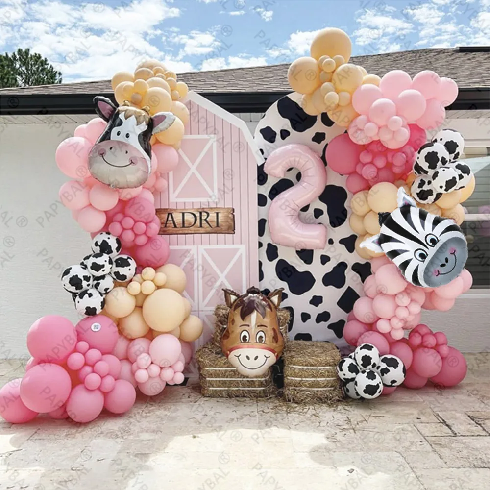 156PCS Bauernhof Niedlichen Tier Kuh Pferd Thema 32 zoll Rosa Anzahl Für Baby Mädchen Geburtstag