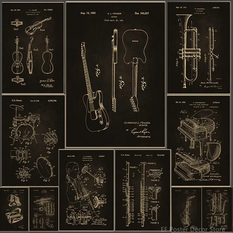Musik Kunst Retro-Stil Poster Gitarre Violine Trommel Klavier Poster Vintage Home Room Club Bar