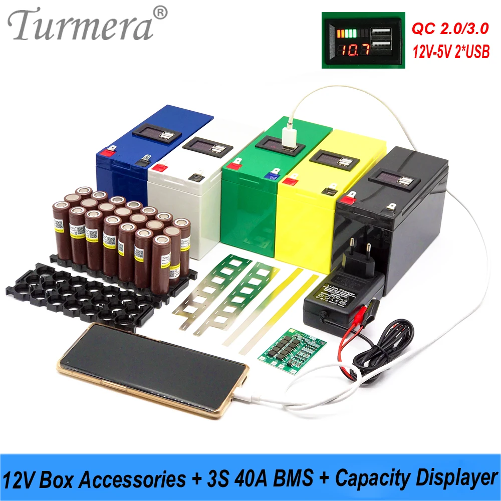 Turmera 12V Battery Box 3X7 18650 Holder 3S 40A BMS DC 12V to 5V QC3.0/2.0 2*USB Displayer  for