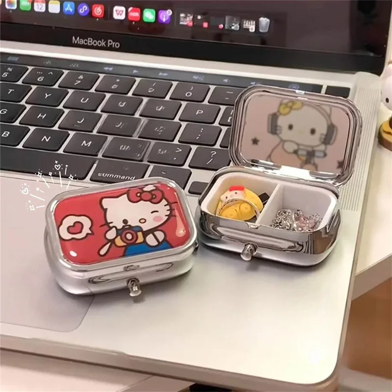 Kawaii Hello Kittys Portable Jewelry Box with HD Mirror Mini Sealed Subpackage Boxs Cute Cartoon
